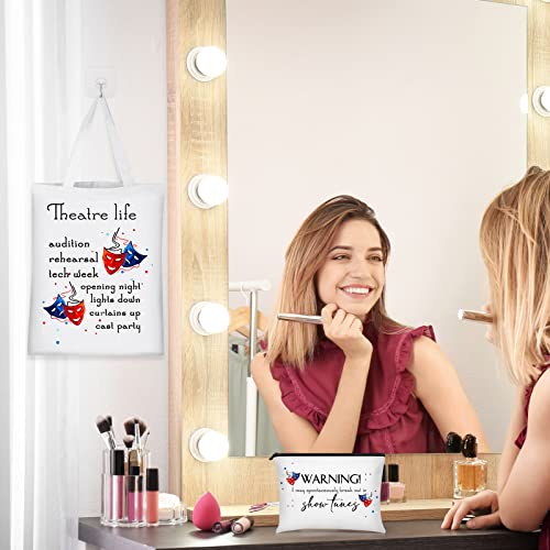Image of Sieral 2 Pieces Theater Gift Musical Theater Life Show Canvas Tote Bag Cosmetic Reusable Comedy Tragedy Mask Makeup Bag Pouch Drama Gift for Women Actress Teacher