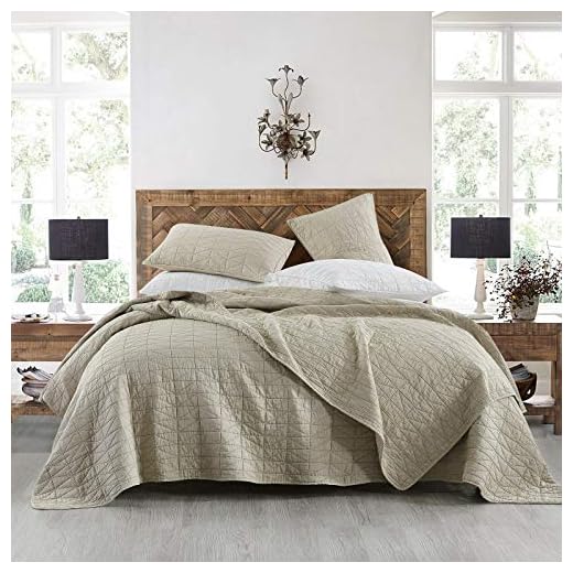 Quilt Set King Size, Stone-Washed Chic Rustic Beige Quilt with Classic Triangle Stitched Pattern, Ultra Soft Lightweight Quilted Bedspread for All Season, 3 Pieces