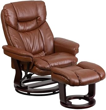 BOWERY HILL Contemporary Leather Recliner, Vintage Brown LeatherSoft Upholstery, 41.25" H x 33" W x 34"-44.5" D, Plush Arms, Swivel Base and Mahogany Wood Frame, Living Room or Office Chair