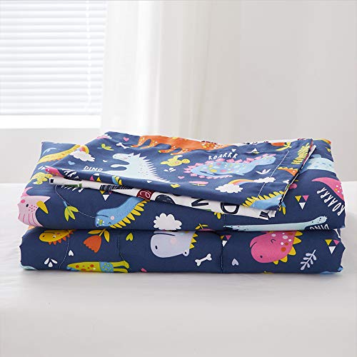 Joyreap 4 Piece Toddler Bedding Set, Standard Size Colorful Dinosaur Printed On Navy, Includes Quilted Comforter, Fitted Sheet, Top Sheet, And Pillow Case For Boys N Girls #TOP4
