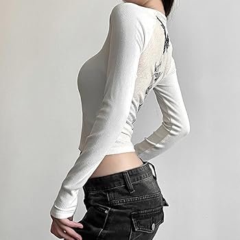 CEINOM Y2K T Shirts Women Vintage O-neck Tee Long Sleeve Grunge