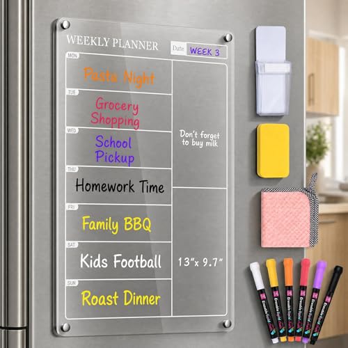 Magnetic Fridge Planner 13 x 9.7 Clear Acrylic Weekly Meal Planner Board for Fridge with 6 Markers Eraser Pen Holder and Cloth for Menu Shopping List Memo and Family Reminders