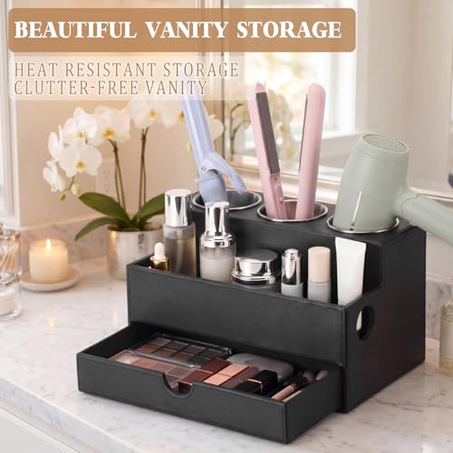 Image of AceOrbit Leather Hair Tool Organizer with Drawer Back to School Gift Bathroom Vanity Organizer Black Blow Dryer Hot Styling Tool Hair Holder for Countertop Curling Iron Flat Iron Straightener Makeup