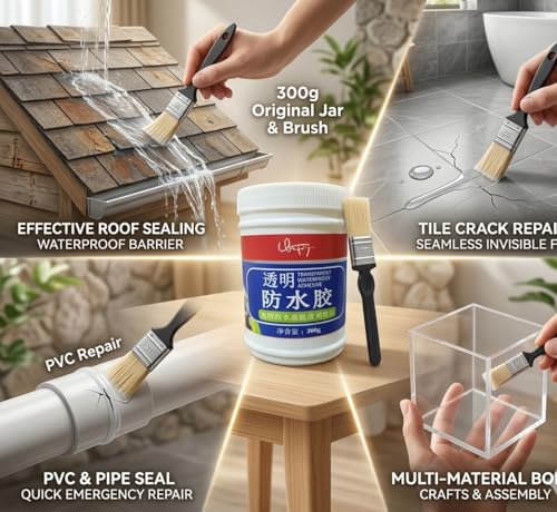 Image of Transparent Waterproof Glue 300g with Brush, Waterproof Glue for Roof Leakage Crack Seal Water Leakage Agent, Roof Waterproofing Coating Sealant Protection Outdoor Bathroom Wall Tile Window