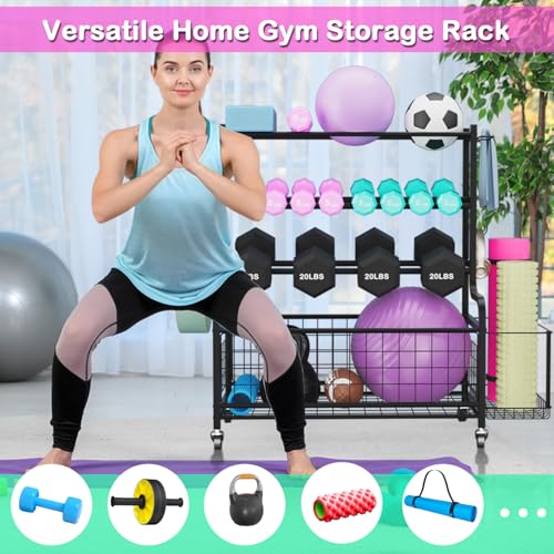 Lhysn Dumbbell Storage, Yoga Mat Weight Rack, with Wheels and Hooks, Gym Storage for Yoga Equipments, for Dumbbell, Yoga Block, Foam Roller, Workout Equipment Storage Organizer, for Home, Gym - Image 6