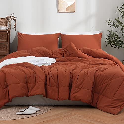 Atsense King Size Comforter Set Rust, 3 Pieces 100% Washed Cotton Linen Feel Super Soft, Lightweight Comfortable Warm Burnt Orange Terracotta Pumpkin Bed Set For All Season(1 Comforter, 2 Pillowcases) #TOP1