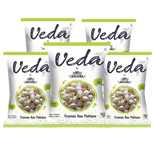 Image of Mr. Makhana Veda Premium Plain & Raw Phool Makhana & Foxnuts : Plant Based, Gluten Free, High in Calcium, Protein & Fiber (100 Gms) (Pack of 5)