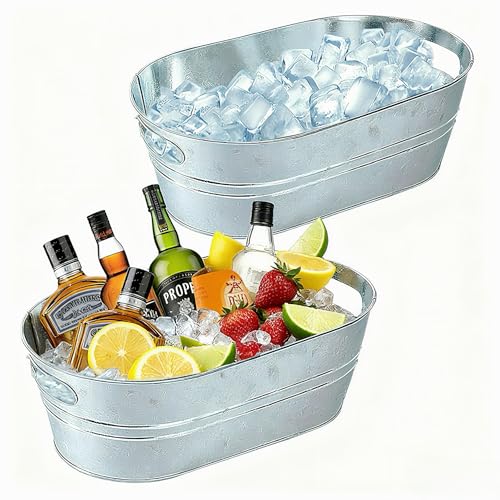 2-Pack Extra Large 14L Ice Buckets with Handles - Galvanized Steel Beverage Tubs for Champagne Beer Cocktails - Rustic Industrial Drink Tub for Mimosa Bar Wedding Backyard Parties