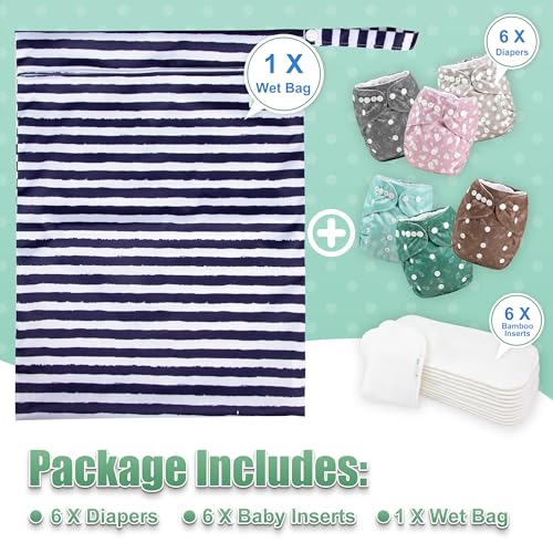 Image of Wegreeco Cloth Diapers 6 Pack with Inserts & Wet Bag, Washable Reusable Diapers for Babies, One Size Adjustable (Palm)