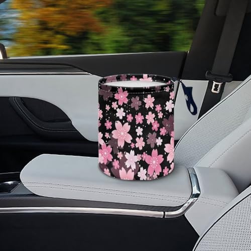 Image of Cherry Blossom Car Garbage Can Small Trash Can with Leak Proof Inside Liner And Hanging Strap Car Organizer Portable Car Essentials for Road Trip