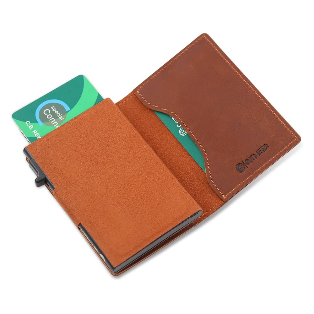 QitmeerExperience Ultimate Convenience and Security with our Premium Genuine " " Leather Card Holder featuring Advanced RFID Blocking Technology. Unisex Wallet, Aluminum Case, Pop-Up, handy design.