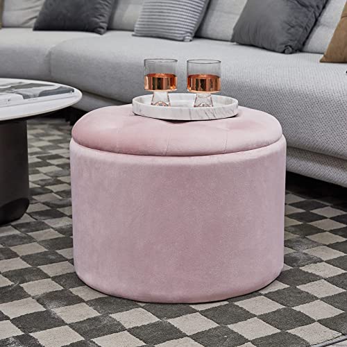 Pinplus Round Pouf Storage Ottoman, Pink Velvet Large Foot Rest Stool Seat With Lids, Coffee Table Footrest Stool Seat For Living Room Bedroom Entryway, 19.9" X 19.9" X 15.2" #TOP3