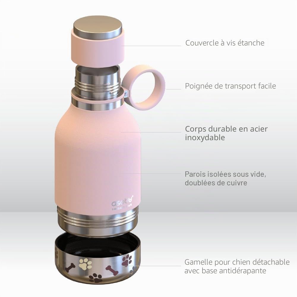 Asobu Chien – Gamelle pour Animal Domestique attachée à Une Bouteille d'eau Isotherme en Acier Inoxydable de 1 Litre, Bouteille d'eau Portable, Robuste, Anti-Fuite, pour l'extérieur, Les Voyages, la