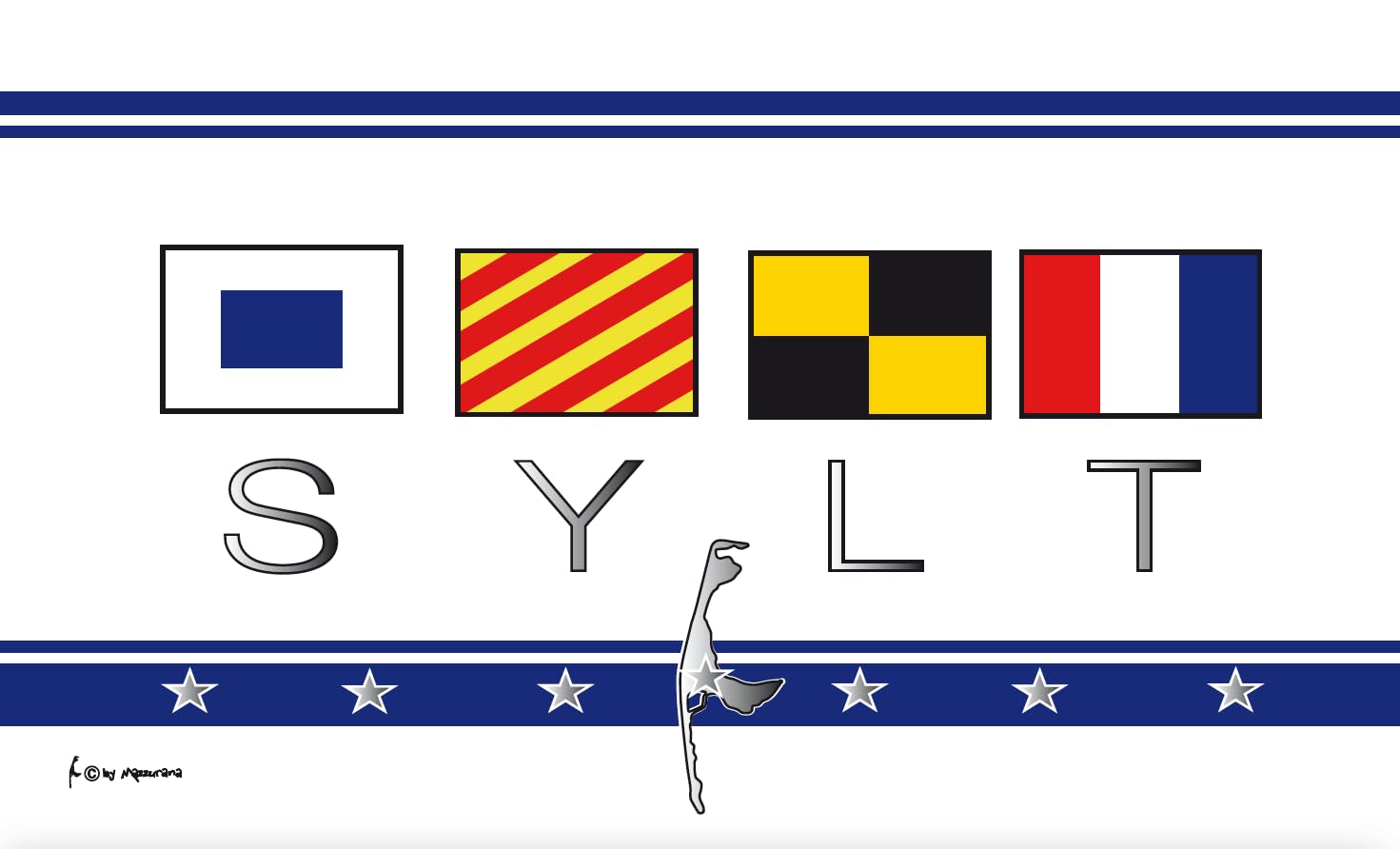 Flaga Sylt – morskie wzornictwo z flagami sygnalizacyjnymi i sylwetką wyspy, ultra chusta na flagę statku/150 x 90 cm
