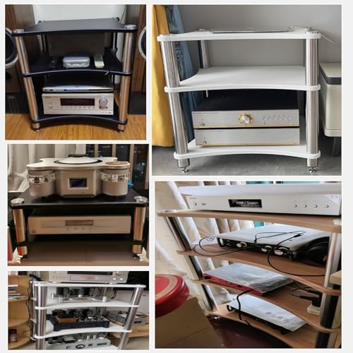Robusto supporto audio alto 85 cm per amplificatori e giradischi, supporto TV resistente con contenitore per apparecchiature Hi-Fi, finitura in teak bianco e nero, ideale per Home Theater