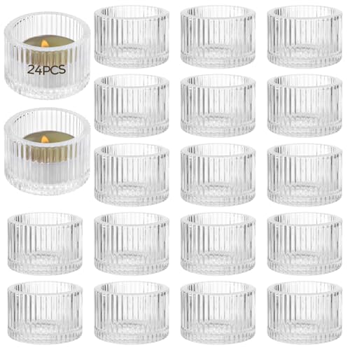 24 portavelas de cristal transparente, elegantes portavelas a rayas verticales para decoración del hogar, centros de mesa de boda, cenas, aromaterapia, entornos de vacaciones