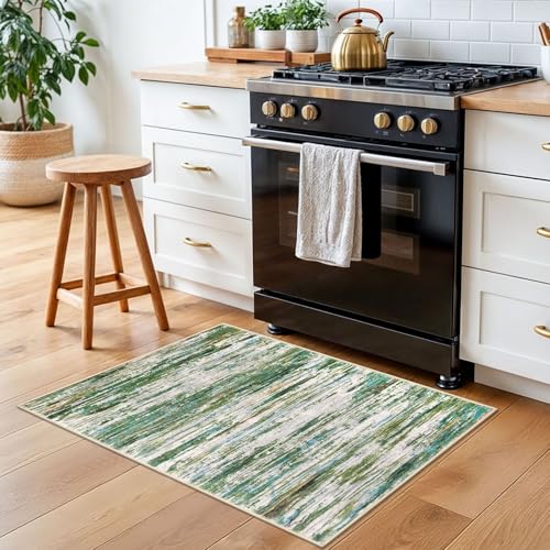 2x3 Green Grey Multi Modern Abstract Rug for Entryway, Super Soft Small Washable Area Rug, Non-Slip Kitchen Rugs, Low-Pile Mat for Bedside, Foyer, Indoor Door Mat
