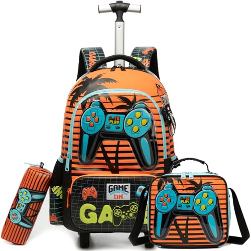 Egchescebo Mochila Escolar Infantil com Rodinhas para Meninos e Mala Carrinho Adequado Adolescentes Juvenil Estojo Costas Alunos do Ensino Fundamental Médio Idades Entre 3 e 12 Anos Dourado Gamepad