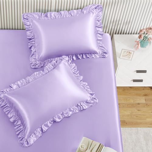 Image of Homiest Lavender Queen Ruffle Pillowcase & Satin Fitted Sheet Set 3Pcs | Silky Satin Protects Hair And Skin, 15-Inch Deep Pocket, Pearlescent Dreamy Soothing Hue, Easy Machine Wash Care