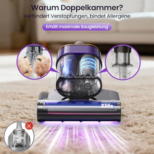 Milbensauger, Matratzenreiniger für Matratzen mit 18 kPa Saugkraft, UV-C Licht, 63 °C Heißluft und 2 Bürsten, Bett-Staubsauger und Matratzenreiniger für Matratzen, Betten, Sofa