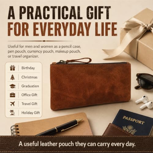 Image of Leather Pencil Pouch Money Bag, Tan | Currency Pouch, Zippered Pouch, Pen and Marker Case, For Artists & Professionals