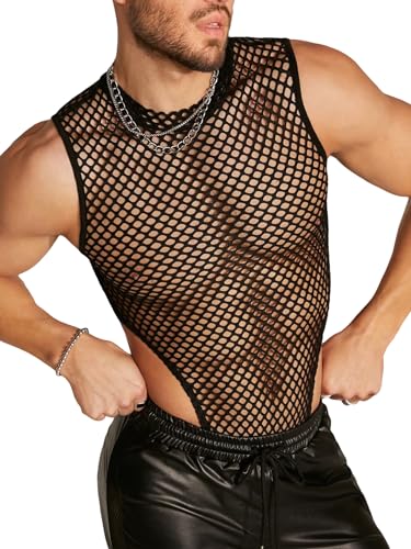 WDIRARA Men's Fishnet Mesh Mock Neck Vest Top Sleeveless Sheer Party Tank Tops Bodysuit