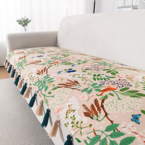 Image of HOKIPO Sofa Cover Mat with Tassel for 1 /2 /3 Seater & L Shape Sofa | DIY Sofa Cover Set | Digital Printed Holland Velvet | 'Whispers of Nature' | 70(W) x 120(L) cm | Beige Woodland Bloom (IN-1119-D4)