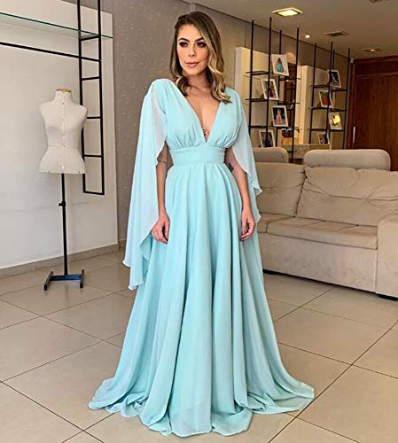 Women's Open Back Cape Sleeve Prom Dresses Long V-Neck Evening Gowns3