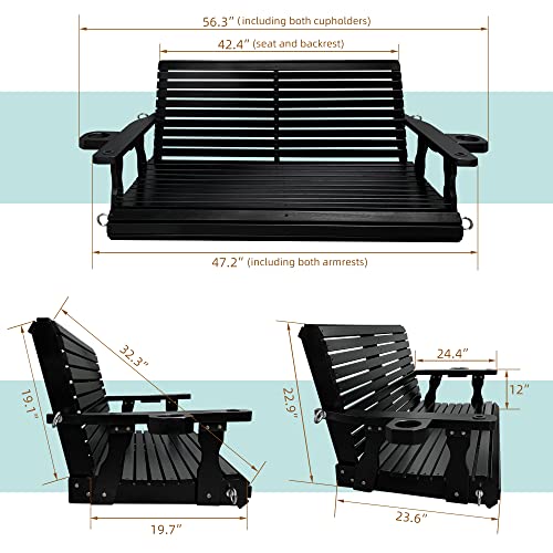 Wooden Porch Swing 2-Seater, Bench Swing With Cupholders, Hanging Chains And 7Mm Springs, Heavy Duty 800 Lbs, For Outdoor Patio Garden Yard, 4 Ft., Black #TOP4