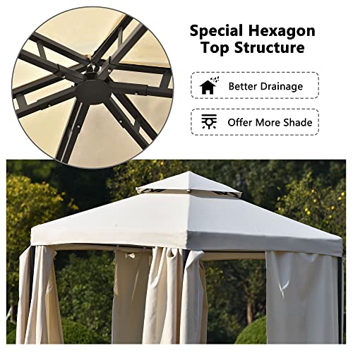 Morhome 11' X 11' Patio Gazebo, Double Roof Hexagon Outdoor Gazebo Canopy Shelter W/With Netting & Curtains, Solid Steel Frame For Garden, Lawn, Backyard And Deck, Beige #TOP3