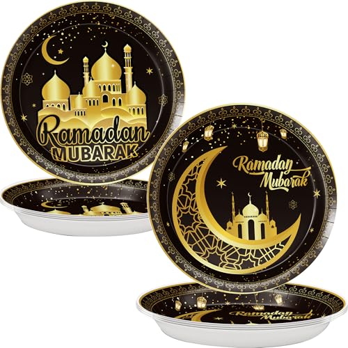 Pezutoi Ramadan Plates for Home Black and Gold Eid Mubarak Ramadan 9 Inch Paper Plates for Ramadan Party Decorations
