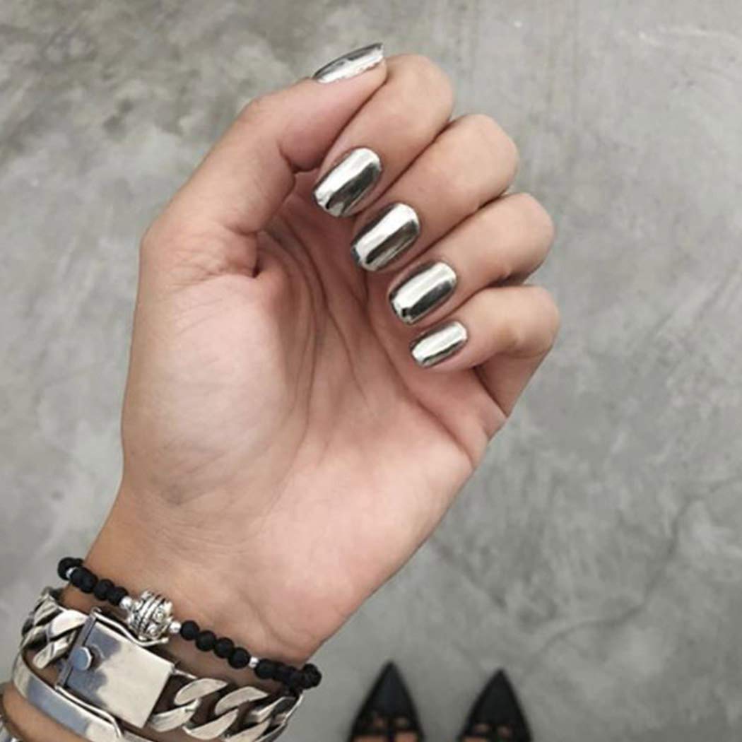 Cosydays Square Short Mirror Press on Nails Silver Glossy False Nails Full Cover Fake Nail for Women and Girls (24 PCS)