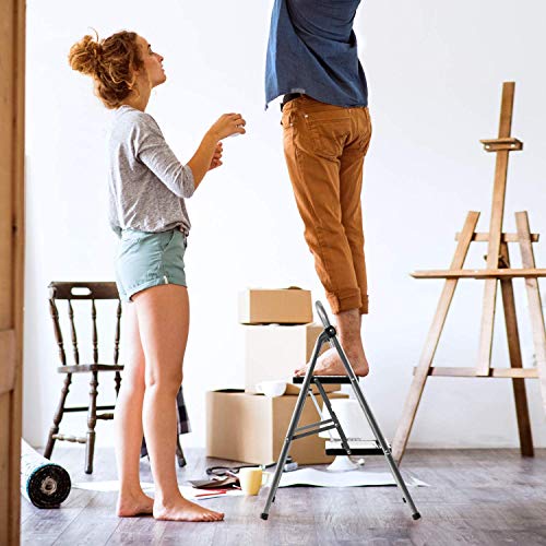 Delxo Folding Step Stool- 2 Step Ladder with Anti-Slip Pedal, Hold Up to 330LBS Lightweight and Multi-Use for Household and Kitchen Small 2 Step Stool Steel Grey