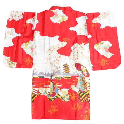 Kimono japonais en soie imitée rouge avec ceinture assortie pour femme de POPETPOP