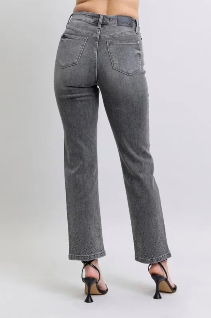 Judy Blue Gray High Rise Rhinestone Straight Jeans - Image 6