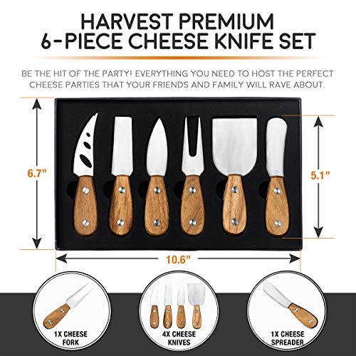 Harvest 6-Piece Cheese Knife Set (Gift-Ready) - Premium Stainless Steel Cheese Knives With Rivets, Full Tang Blades And Teak Wood Handle Charcuterie Board Accessories W/ 15 Festive Recipes #TOP1