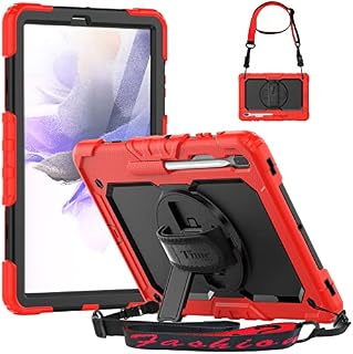 Timecity Case for Samsung Galaxy Tab S8+ Plus/ S7 FE 12.4 inch, Shockproof Protective Cover with Screen Protector, Rotating Hand Strap Stand, Pencil Holder for Galaxy Tab S8 Plus/ S7 FE, Red