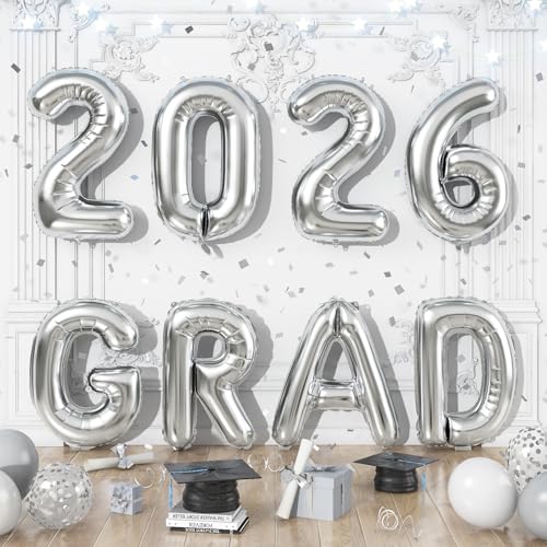 Image of Silver 2026 GRAD Foil Balloons, 16 Inch Metallic Silver Grad Congrats Balloons Banner for Graduation Decorations 2026, College High School Class of 2026 Graduate Congratulations Party Decor Supplies