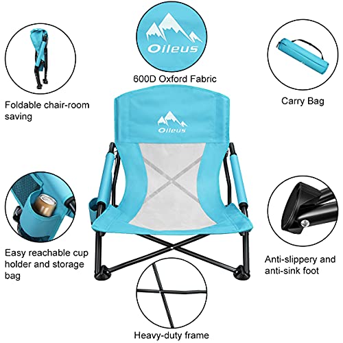 Oileus Low Beach Chair For Beach Tent & Shelter & Camping | Outdoor Ultralight Backpacking Folding Recliner Chairs With Cup Holder & Storage Bag, Carry Bag, Breeze Mesh Back, Compact Duty 2 Pcs Chair #TOP3