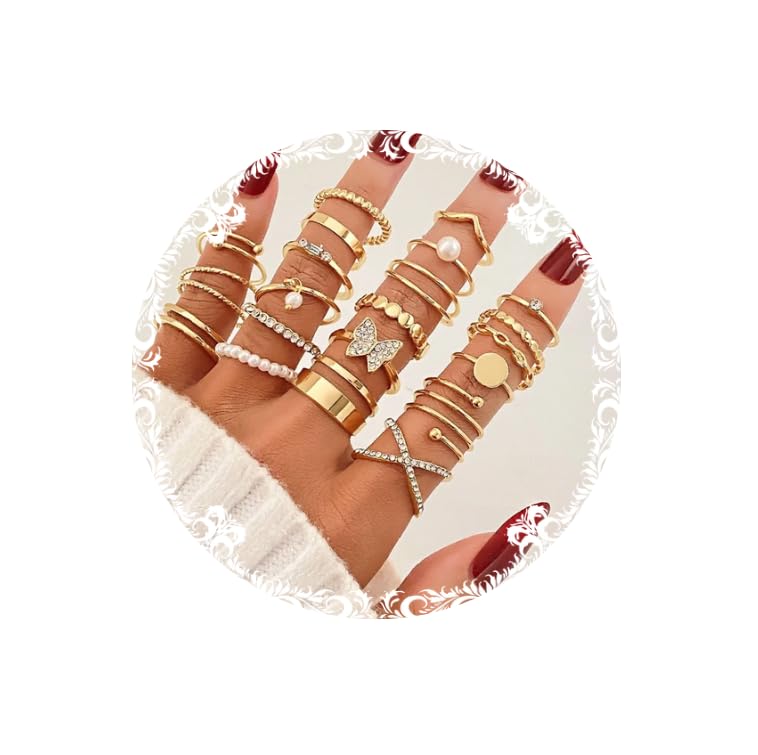 Conjunto de 22 anéis de ouro para mulheres e meninas, vintage, empilhável, articulação, anéis, midi, delicados, cristal de zircônia cúbica, simples, torção, oco, fofo, pacote de joias