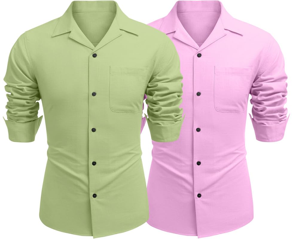 Image of Combo of Men's Casual Cotton Blend Shirt || Long Sleeve Button Down with Spread Collar | Lightweight Breathable Fabric | Stylish Solid Shirt for Beach, Office & Everyday Wear Pack of 2