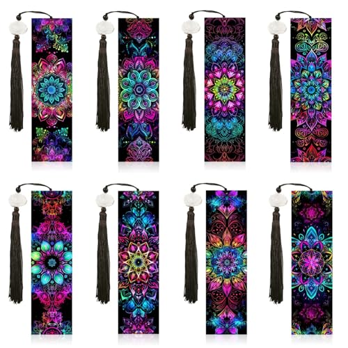 8PCS Mandala Diamond Art Bookmarks for Adults Acrylic Bookmark Kit with Tassel for Book Lovers Gift 5D Diamond Art Book Marks for DIY Making Beginners Arts Craft