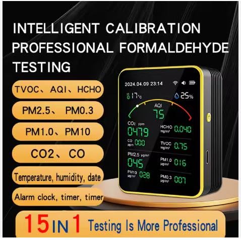 Image of SIGNETTE 15-In-1 WiFi Multi-Functional (High Accuracy) Integrated Air Quality Monitor, Pm2.5, Hcho, Tvoc, Aqi, Co2 Meter, Indoor Use, Electrochemical Sensor, Real-Time Display, Rechargeable Battery