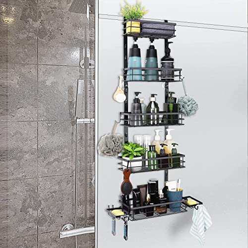 Pinpon Over The Door Shower Caddy 5-Tier Adjustable Hanging Shower Organizer With 12 Hooks Extra Large Metal Rustproof Bathroom Shelves Rack With 2 Detachable Soap Holder(Black) #TOP10