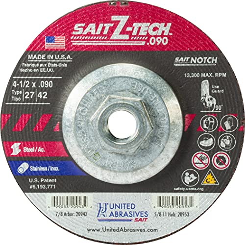 United Abrasives SAIT 20953 4-1/2x.090x5/8-11 Z-Tech High Performance Cutting Notching Wheels, 10 Pack