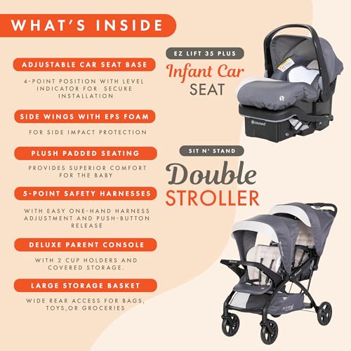 Image of Baby Trend Sit N' Stand Double Stroller 2.0 DLX with 5 Point Safety Harness and EZ-Lift Plus Lightweight Infant Car Seat with Cozy Cover, Magnolia
