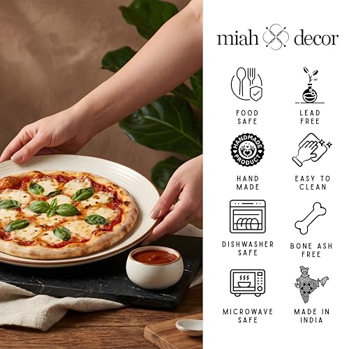 Image of miah decor Dinner Plates Ceramic Set of 6 (10 inch) & Mini Dip Bowl Set of 2 (3.5 inch) | Handcrafted Stoneware Ribbed Off White Matte Finish Plate for Dining & Gifting | Microwave & Dishwasher Safe