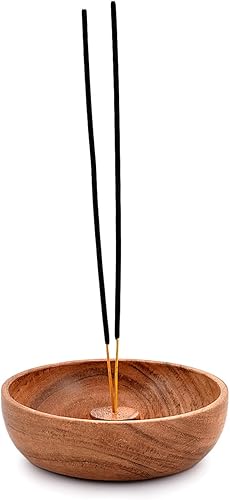 Miniatura 4 de Samhita Soporte redondo de madera de acacia, quemador de incienso, para cenizas y adorno de aromaterapia para decoración del hogar (5 x 5 x 1.5