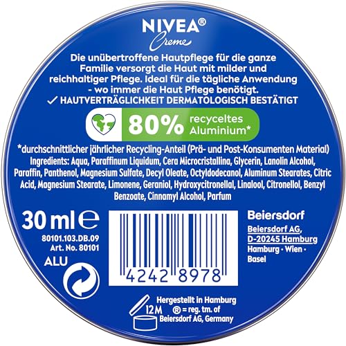NIVEA Creme Dose Universalpflege, klassische Feuchtigkeitscreme für alle Hauttypen, reichhaltige Hautpflege mit hautverwandtem Eucerit (30 ml)