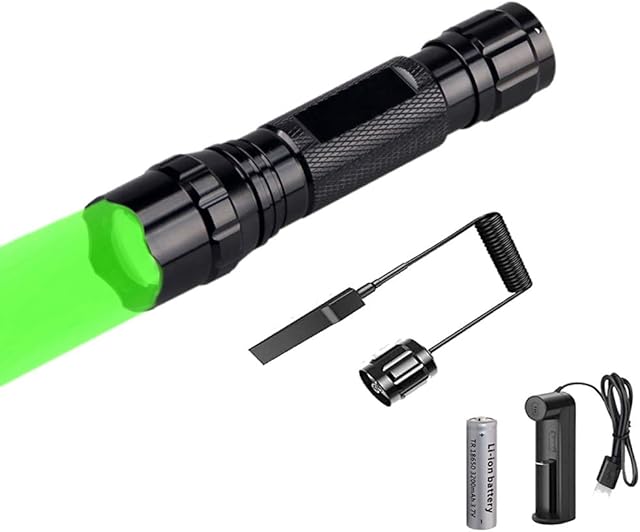 WESLITE Green Light Flashlight, Ultra Bright Tactical Hunting Torch Focus Adjustable 1 Mode Waterproof Hunting Light with Pressure Switch and Battery Charger for Coyote Predator Varmint Hunting